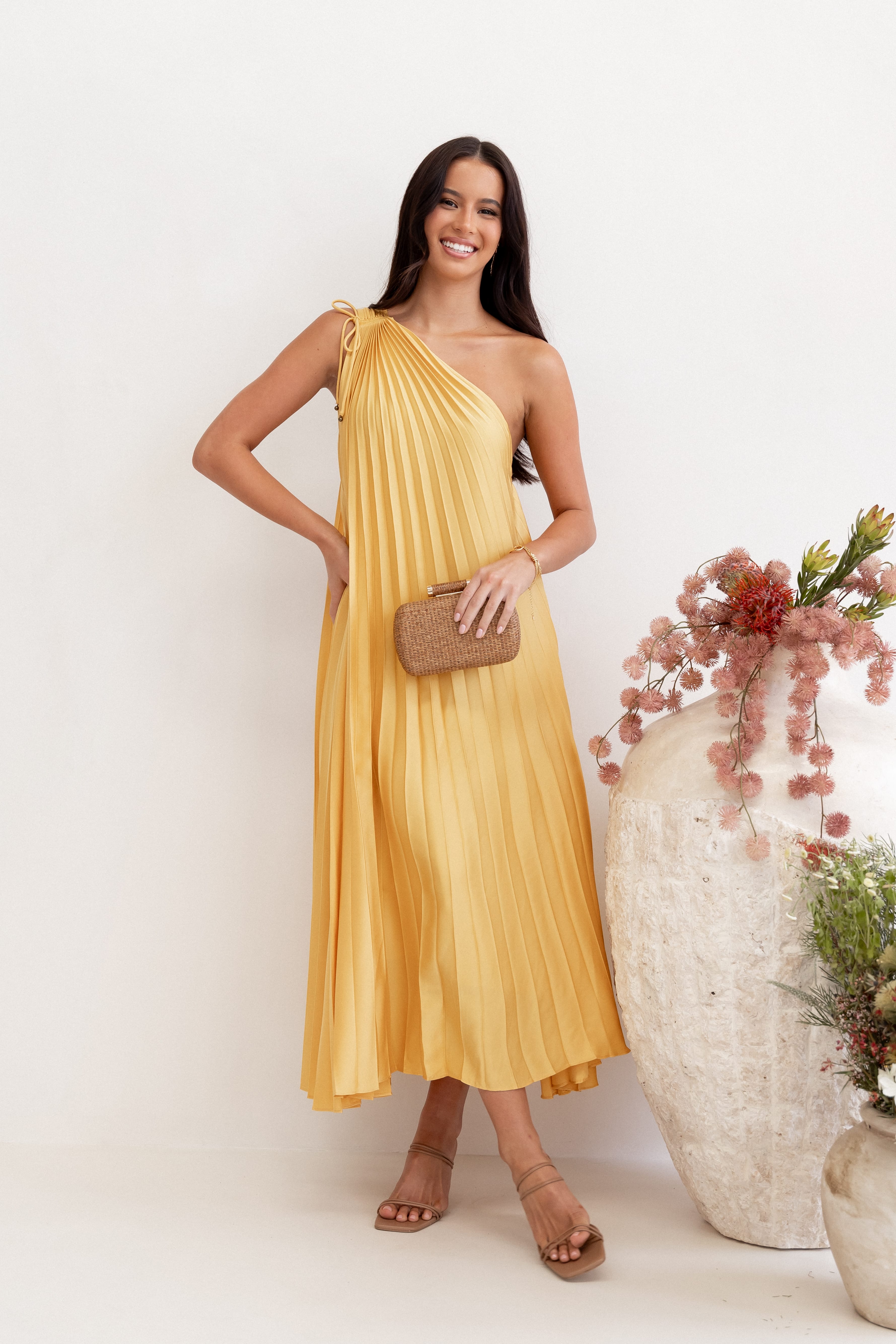 Cali One Shoulder Midi Dress - Saffron
