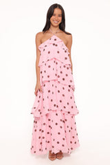 Chasity Halterneck Maxi Dress - Pink Polka Dot