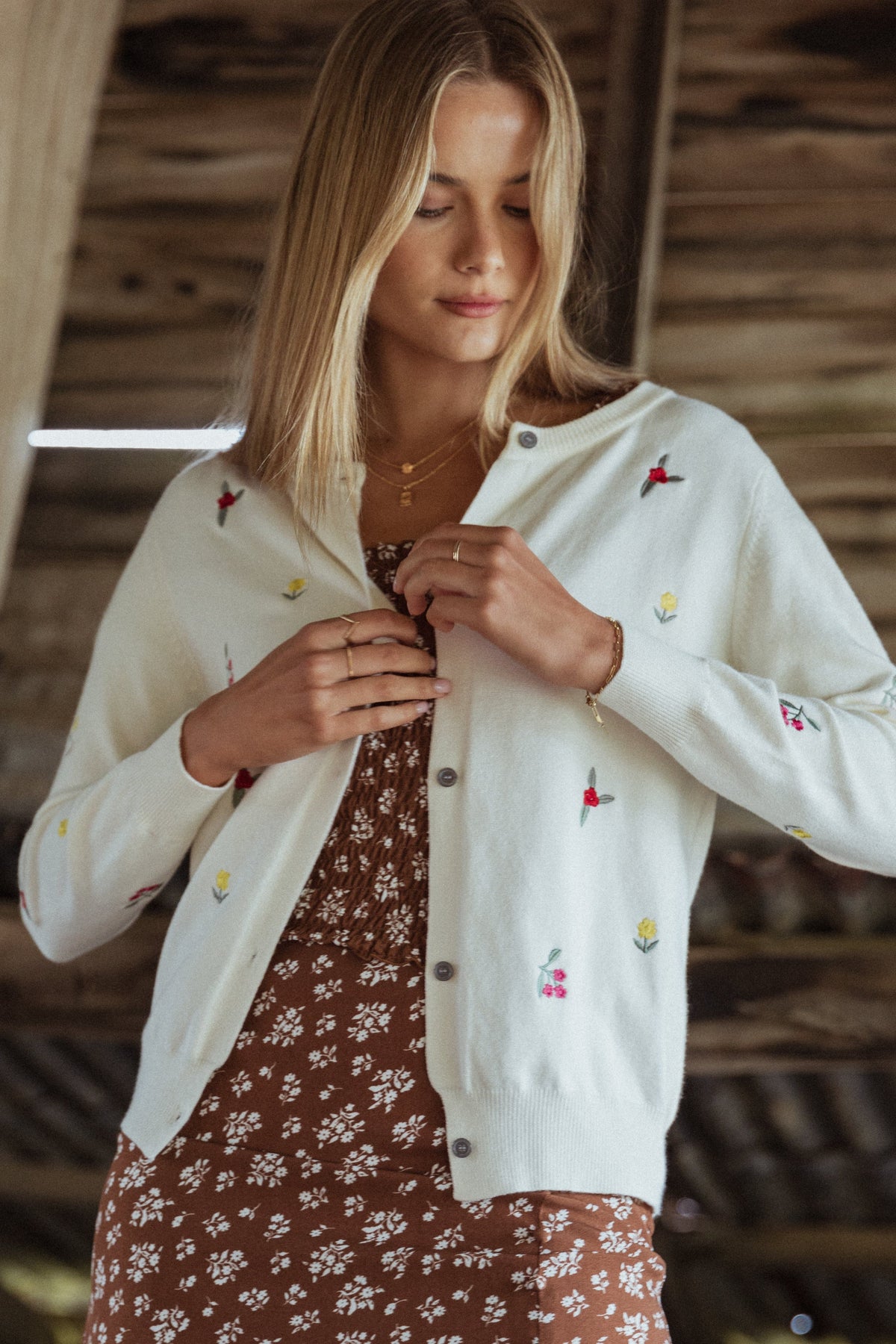 Millen Flower Embroidery Cardigan - Cream