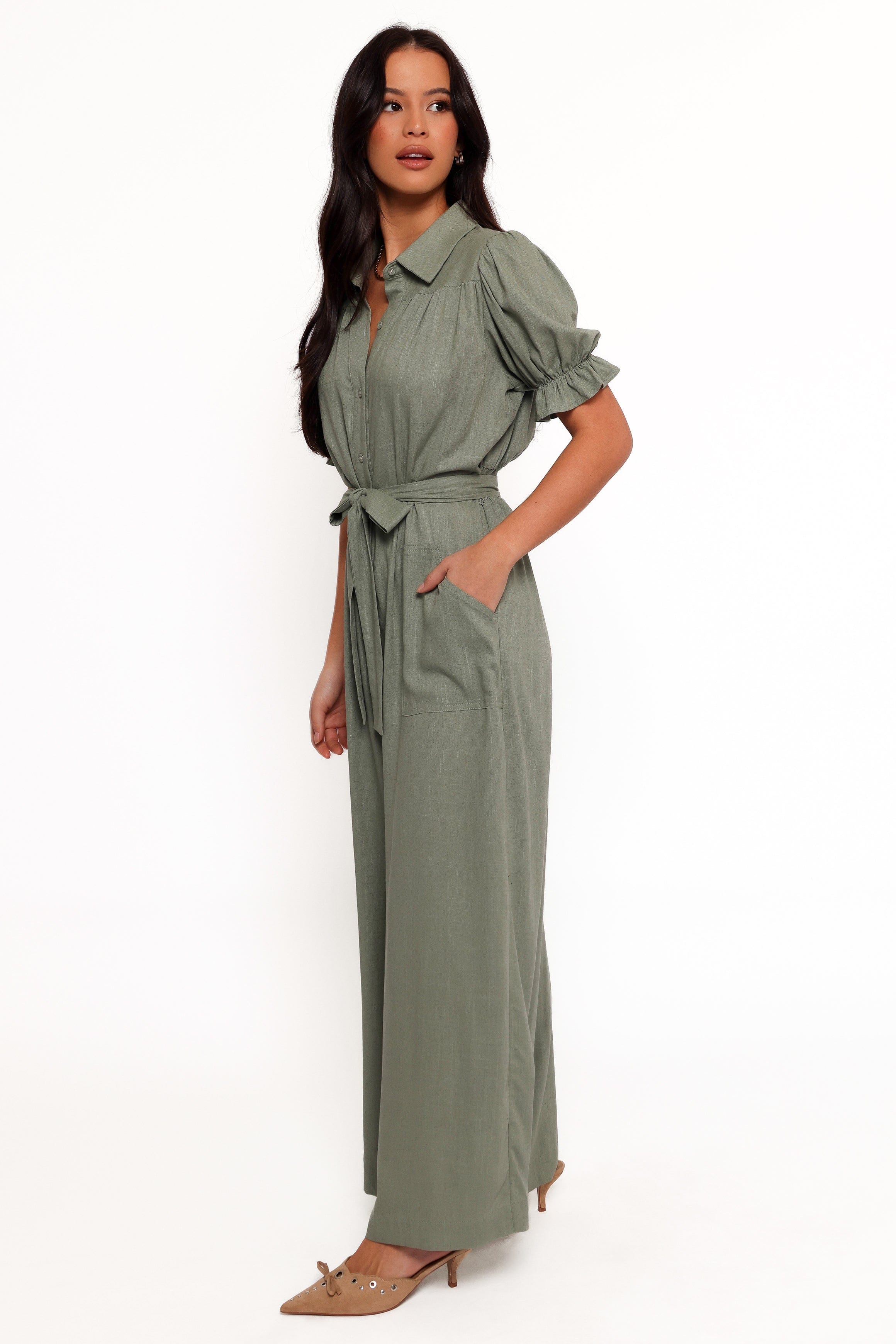 Minnie Waist Tie Jumpsuit - Olive